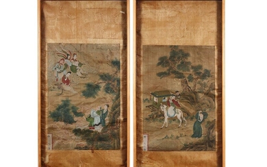 Paar ingekaderde fragmenten van antieke Chinese schilderingen telkens met personages - telkens : 55 x...