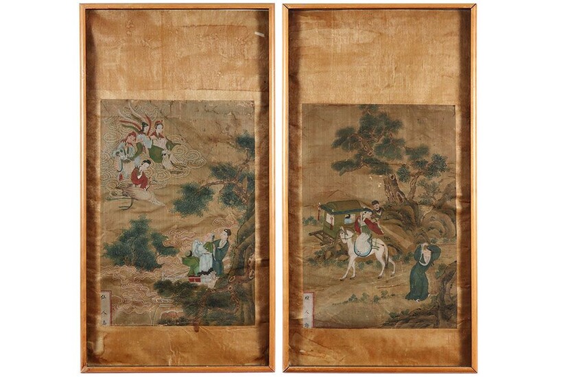 Paar ingekaderde fragmenten van antieke Chinese schilderingen telkens met personages - telkens : 55 x...