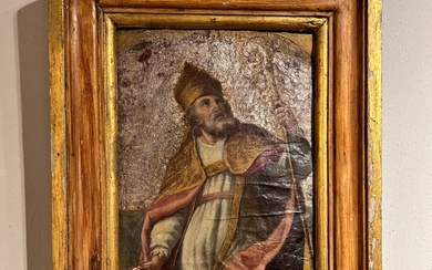 Painting depicting a bishop - Leather with silver background - Mid 17th century