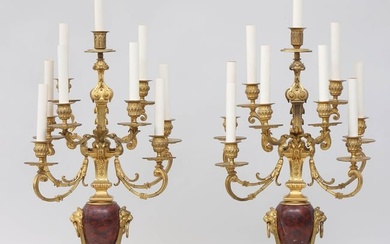 Pair Continental Nine-Light Gilt Bronze and Red Marble Candelabra