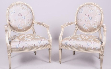 Pair Louis XVI style paint decorated fauteuils