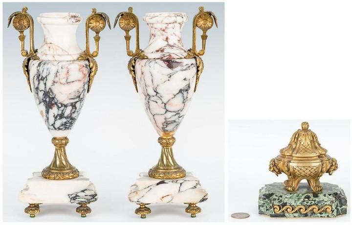 Pair Marble Gilt Bronze Urns & Gilt Bronze Inkwell
