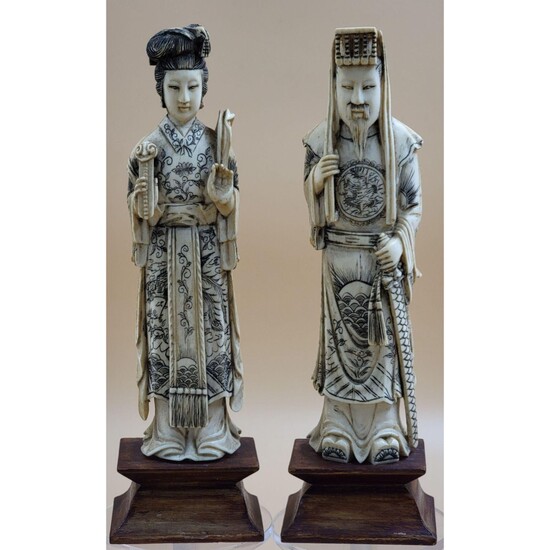 Pair Of Carved Chinese Figures Emperor & Empress 19th C