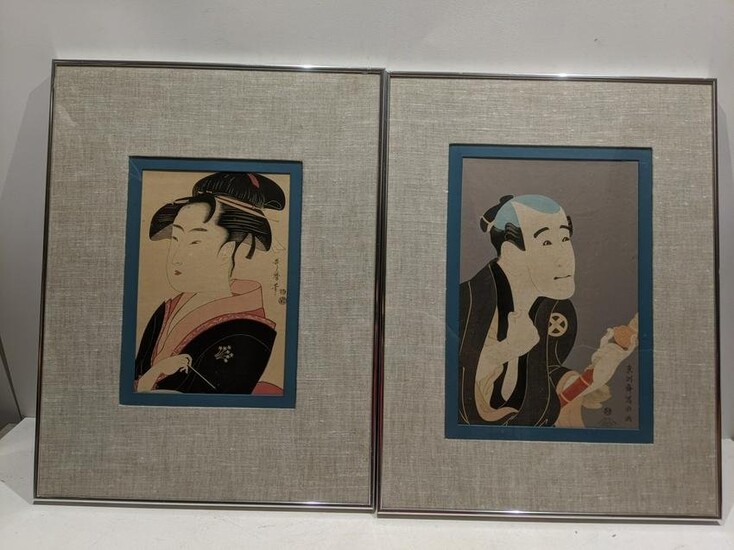 Pair Utamaro Restrike Portrait Japanese Woodblock Print