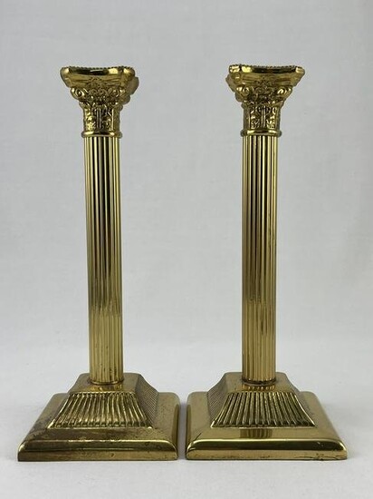 Pair Vintage England Brass Column Candlesticks