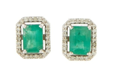 Pair of 14K White Gold Emerald Stud Earrings, Total Emerald Wt.- 1.92 carats, H.- 3/8 in., W.- 5/16