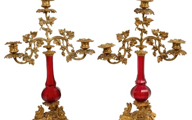 Pair of 19th century ormolu and ruby glass three branch candelabra