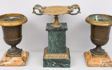 Pair of Antique Marble Mounted Bronze Urns