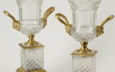 Pair of Baccarat Style Urns with Gilt-Bronze Mounts on