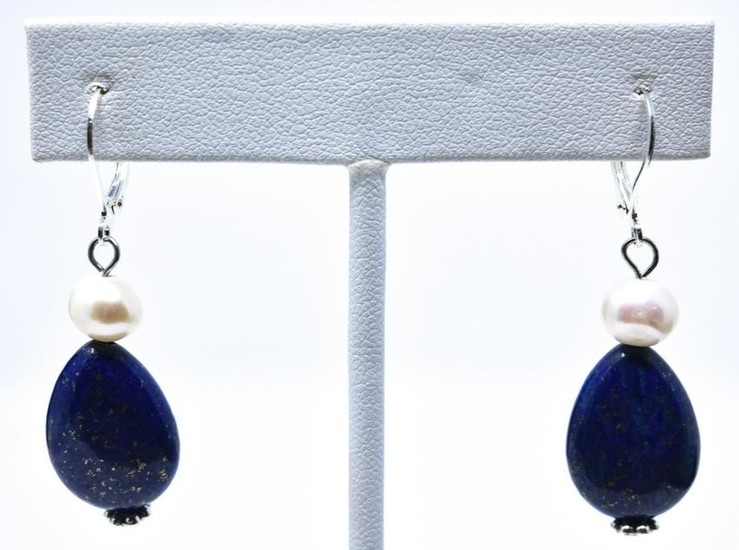 Pair of Carved Lapis Lazuli & Pearl Earrings