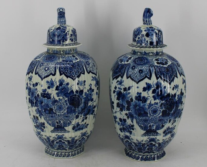 Pair of Delft Blue & White Porcelain Lidded Jars.