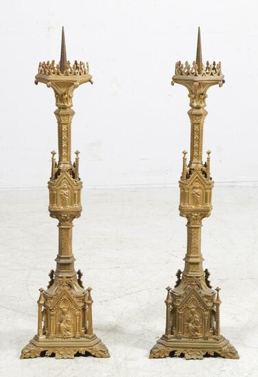 Pair of Gilt Bronze Gothic Candlesticks