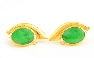 Pair of Jadeite Jade, 24k, 14k Yellow Gold Earrings.