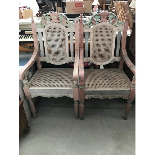 Pair of Large Vintage Cane Back Wooden Armchairs with Carvin...