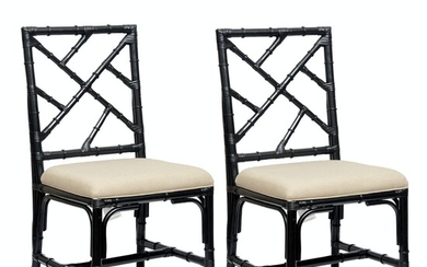 Pair of Pier I Ebonized Bamboo Side Chairs With Upholstered Seats
