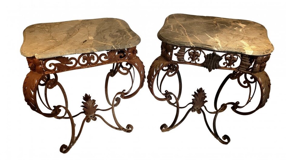 Pair of Stone and Iron Garden Tables - Vintage Patina