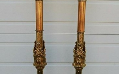 Pair of older Ornate Altar Candlesticks + 38" ht. + +