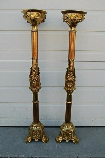 Pair of older Ornate Altar Candlesticks + 38" ht. + +