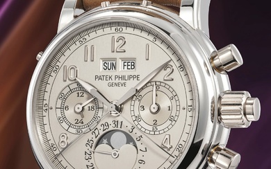 Patek Philippe, Ref. 5004P-021 An exceptionally attractive and collectible platinum perpetual calendar split-seconds chronograph wristwatch with moon phases, certificate of origin, and presentation box