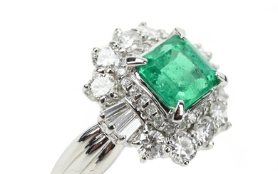 Platinum Emerald and Diamond Halo Statement Ring
