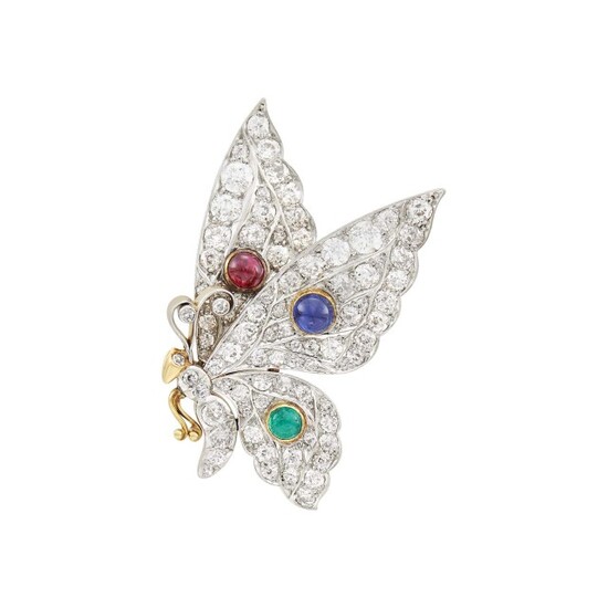 Platinum, Gold, Cabochon Ruby, Sapphire and Emerald Butterfly Brooch