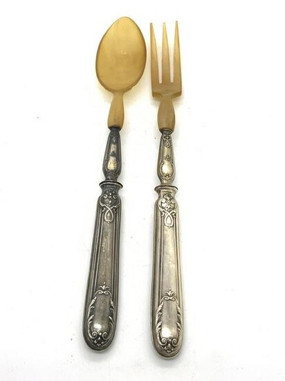 Pr Antq Silver Plated Horn Tipped Serving Utensils
