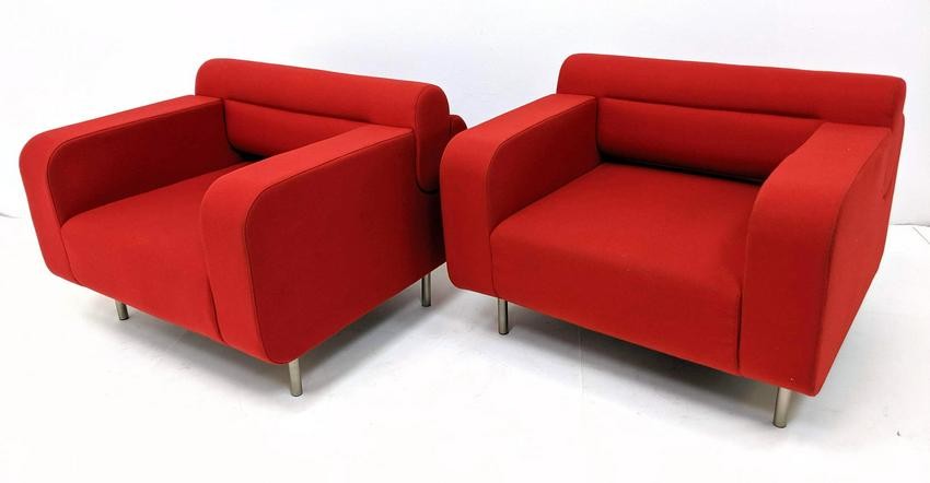 Pr BERNHARDT Contemporary Modern Red Felt Lounge Chairs