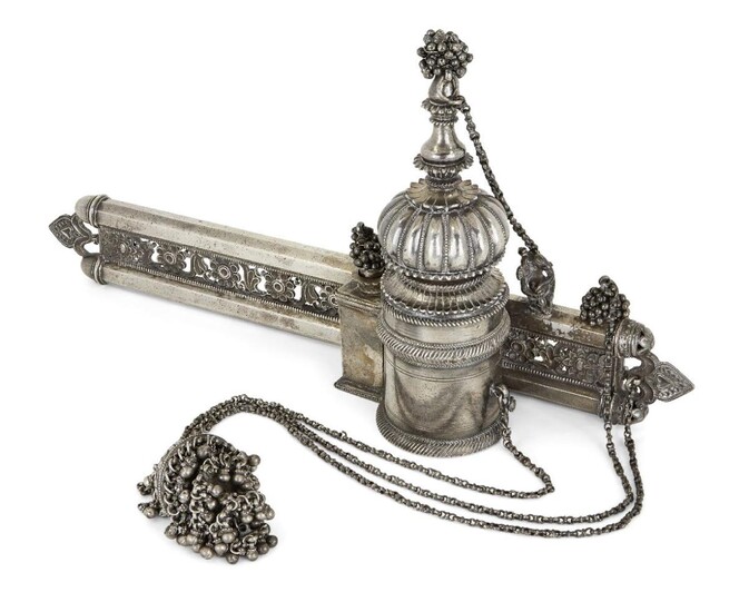 Property from an Important Private Collection A large silver plated Qalamdan, India, early 20th century, with moulded dome shaped inkwell, attached to double pen holder with flower strapwork, multiple ball finials attached in three places with...