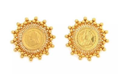Queen Victoria Veil Head 21k Gold Coin Beaded Round Stud Earrings