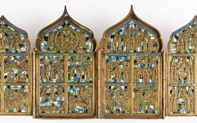 RARE RUSSIAN METAL TETRAPTYCH SHOWING FEAST DAYS OF THE LITURGICAL...
