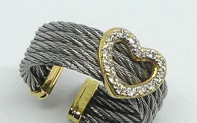 RING "cable" in steel and gold, the open ring is decorated with a heart set with small diamonds. Gross weight 3,5 g