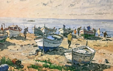 Ramón de Capmany Montaner (1899-1992) - San Pol de Mar, el Maresme. Playa con barcas y figuras