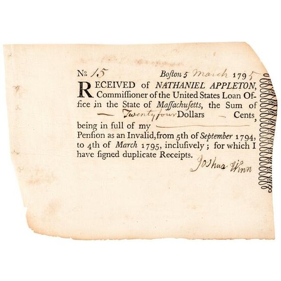 Rare 1795 Pension Receipt for an Invalid, Boston
