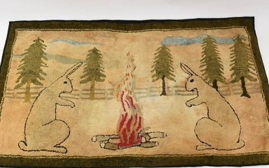 Rare Rabbit Campfire Scene Hooked Rug