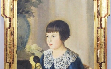 Ritratto di bambina con bambola, olio su tela, cm 70x55, entro cornice, Arnaldo Malpieri (1895)