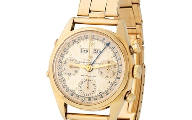 Rolex. Extremely Rare, Sought-After and Historically Important, Jean-Claude Killy, Triple Calendar Chronograph Wristwatch in Yellow Gold, Reference 6036, With Two-Tone Dial and French Date