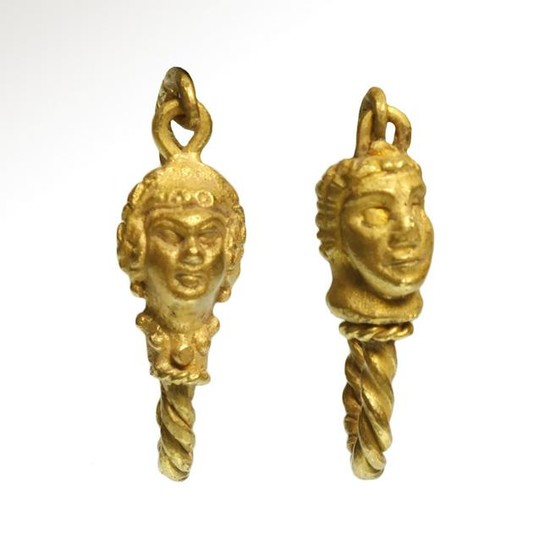 Roman Gold Janus Earrings, Female and Male Heads, c.