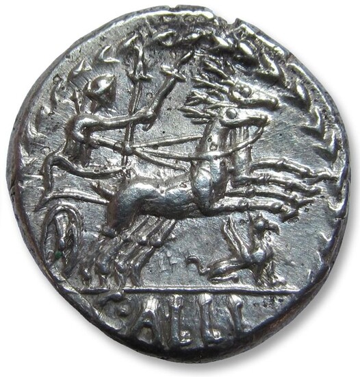 Roman Republic. C. Allius Bala, 92 BC. Silver Denarius,Rome mint - biga of stags, rare/scarce griffon/griffin control symbo instead of usual grasshopper
