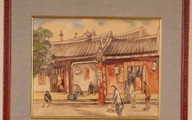 SIGNED (20th C) CHINESE WATERCOLOR "STREET SCENE"