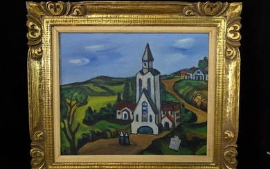 SIGNED OIL ON CANVAS "LANDSCAPE W/ CHURCH" 20" X 24"