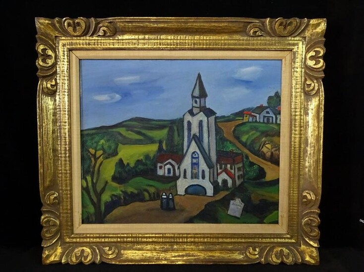SIGNED OIL ON CANVAS "LANDSCAPE W/ CHURCH" 20" X 24"