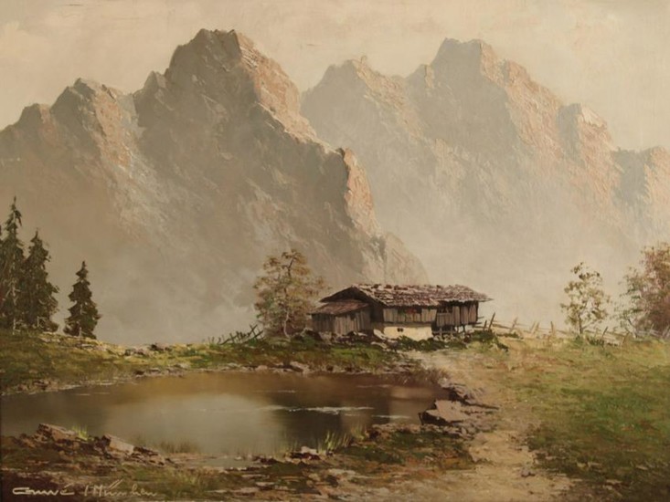 SIGNED OIL ON CANVAS OF RUSTIC CABIN NEAR THE ALPS