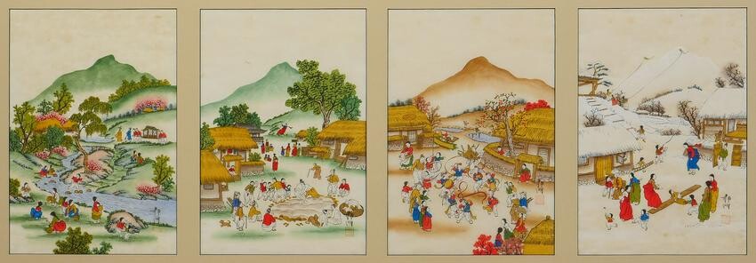JAPANESE FOUR SEASONS FOUR SECTION PAINTING