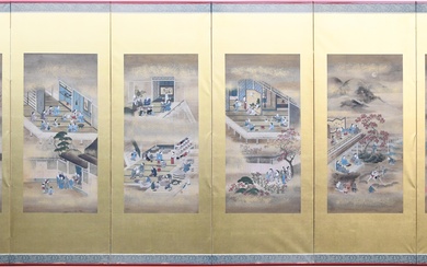 SIX JAPANESE PAINTINGS OF INTERIORS, NOW MOUNTED ON GOLD GROUND AS A SIX-PANEL SCREEN