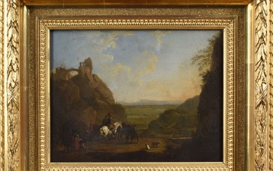 SWEBACH-DESFONTAINES Jacques-François Joseph (1769-1823) (Attribué à) "Cavaliers et villageois au pied d'une colline surmontée de...