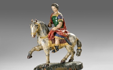 "Saint Martin de Tours, à cheval, partageant son manteau". Important sujet en bois sculpté et...