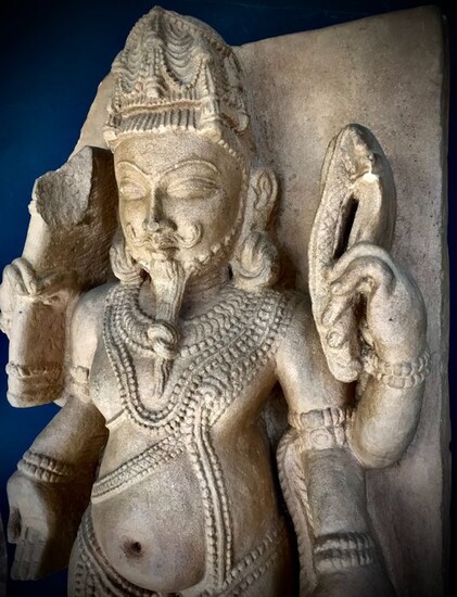 Sculpture (1) - Sandstone - Agni - Scultura in arenaria del dio Agni - India - Late 19th century
