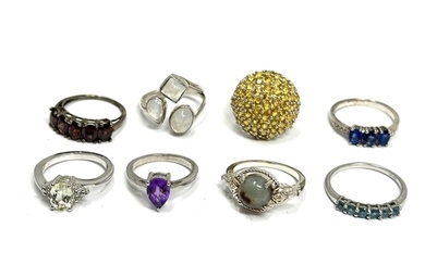Selection of silver 8 gemstone set rings