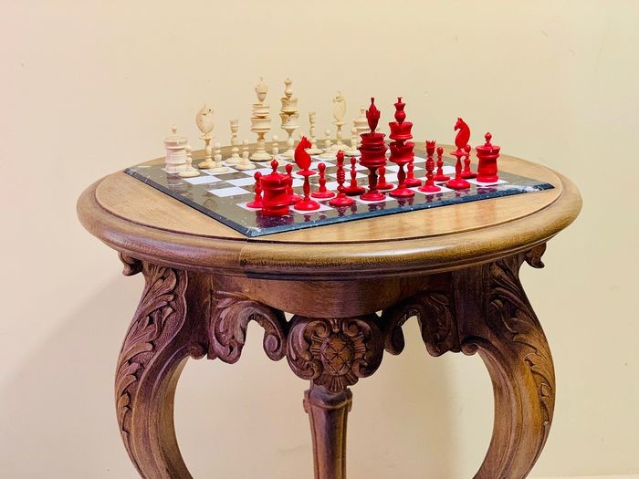 Selenus - Old Chess Table - Louis XIV Style - Bone, Marble, Wood- Walnut