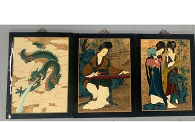 Set of 3 Chinese Oriental Japanese Lacquer Hand Painting Art...
